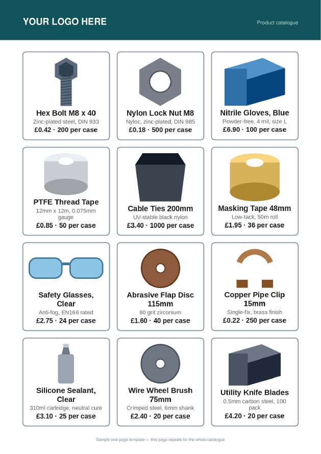 The finished one-page catalog: the brand bar, then twelve product cards laid into the grid.