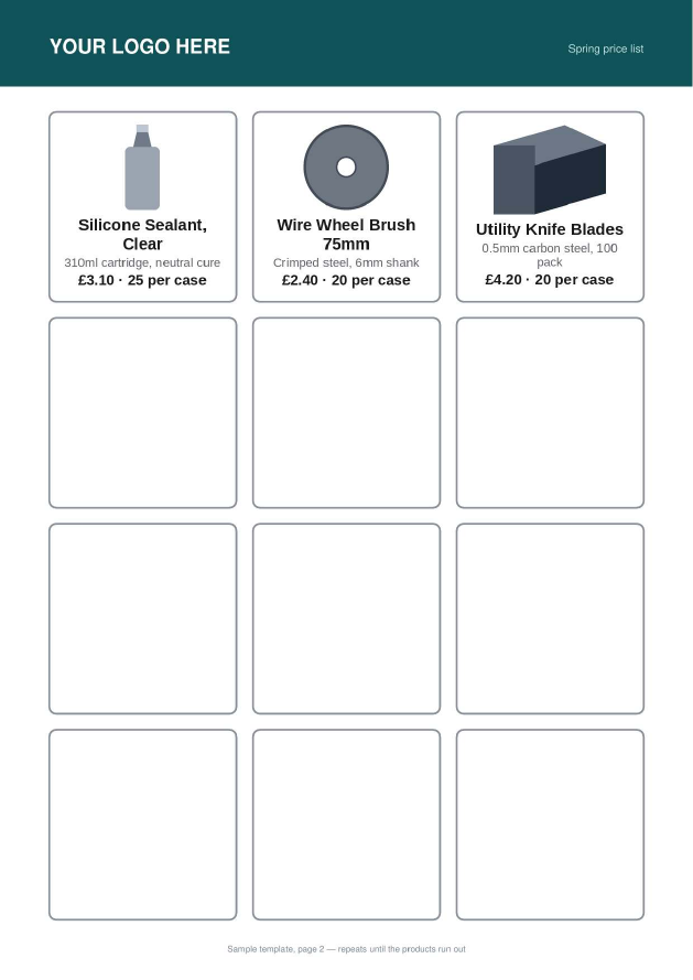 Finished catalog page 2: the repeating inner page with the remaining product cards.