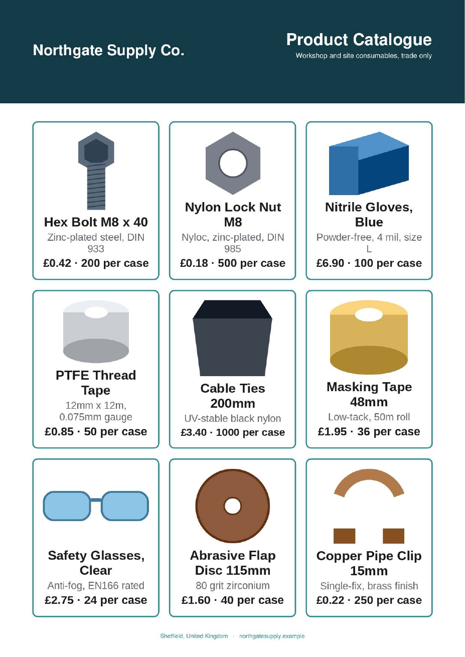 A finished catalog page made by topdf: the shop's name and tagline on a dark teal brand bar, then twelve product cards in a grid, each with a photo, a name, a short description and a price.