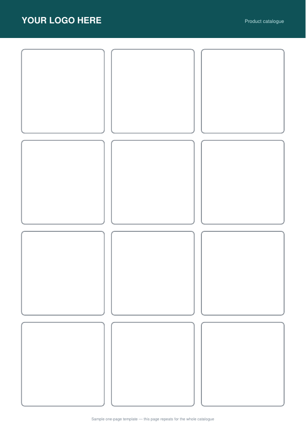 The one-page template: a teal brand bar across the top, then four rows of three empty boxes filling the page.