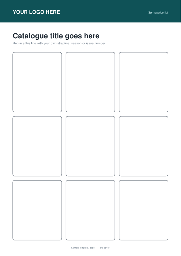 Page 1 of the two-page template: brand bar, a title area, then three rows of three empty boxes.